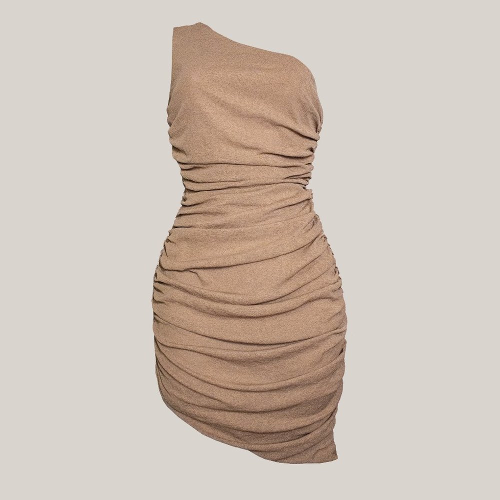 Shop Monteza Mumbai Taupe Mini Dress One shoulder